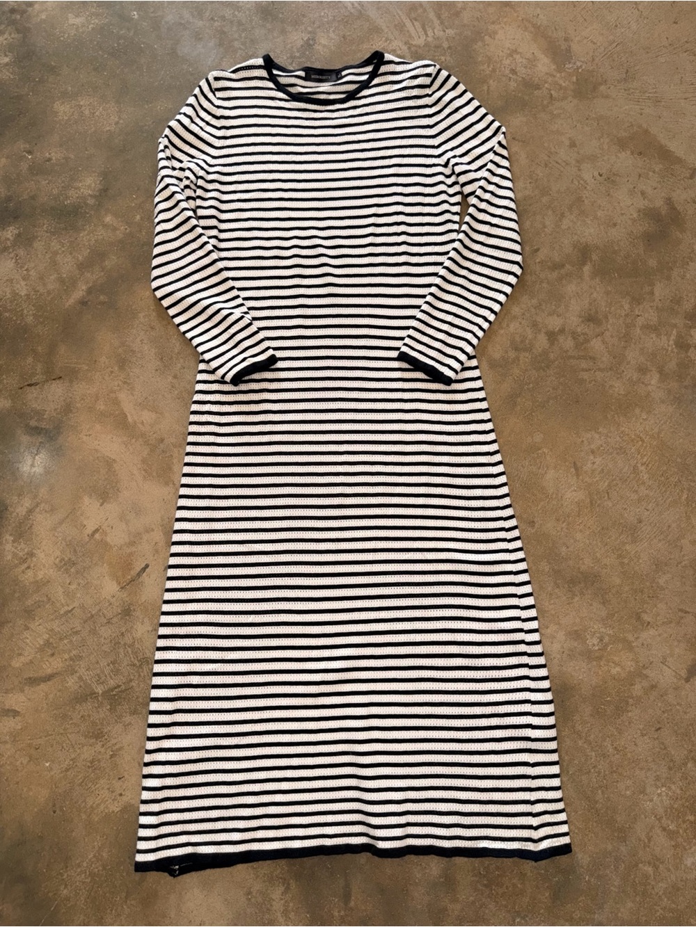 MEROKEETY XL Black White Striped Open Knit Long Sleeve Maxi Dress Office